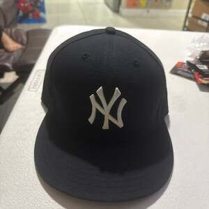 New York Yankees Fitted Hat, Navy Blue with White Embroidery, Flat Brim Cap